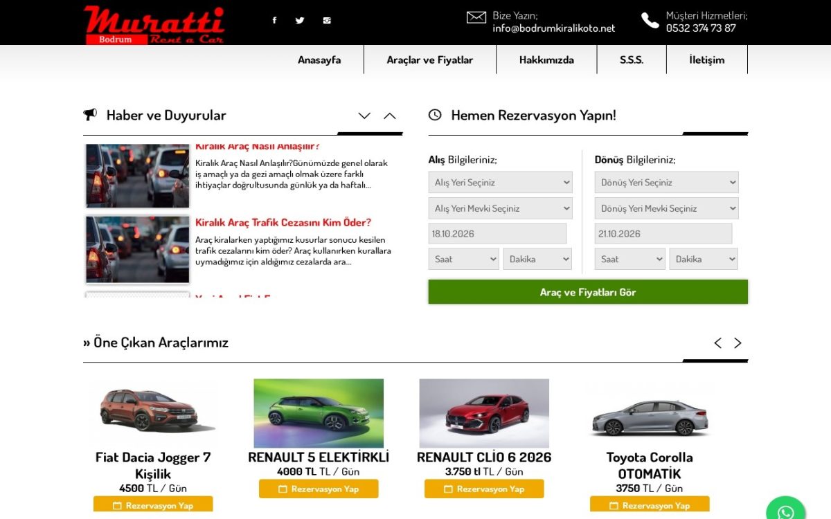 Muratti Rent a Car – Bodrum Kiralık Oto web sitesi ekran görüntüsü