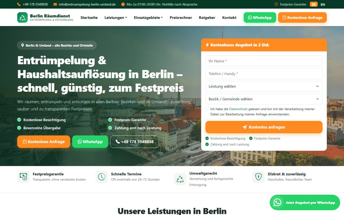 Berlin Entrümpelung & Umland web sitesi ekran görüntüsü