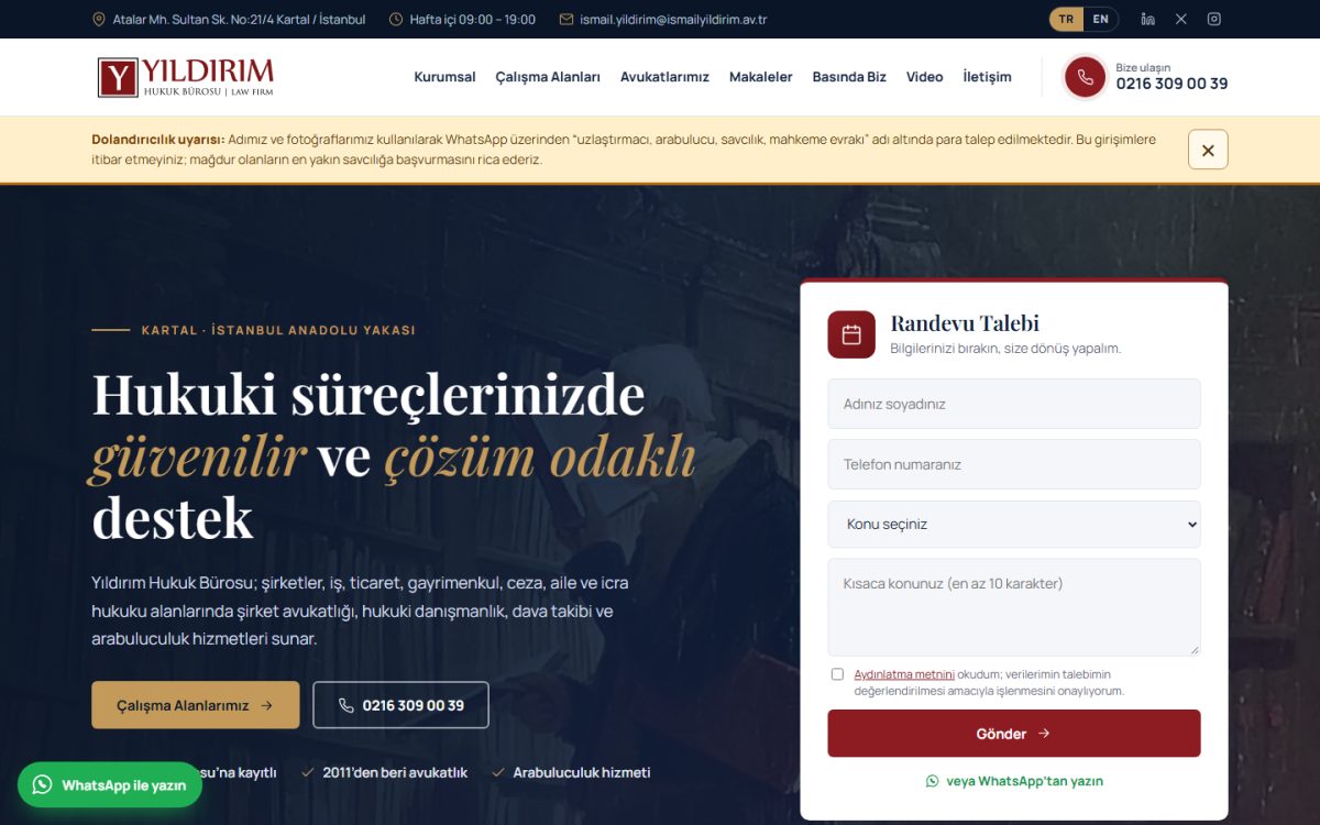 Av. İsmail Yıldırım Hukuk web sitesi ekran görüntüsü